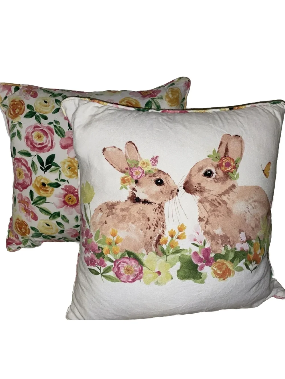 Shabby Chic Spring Floral Bunny Rabbit Easter Pillow Set 18 X 20